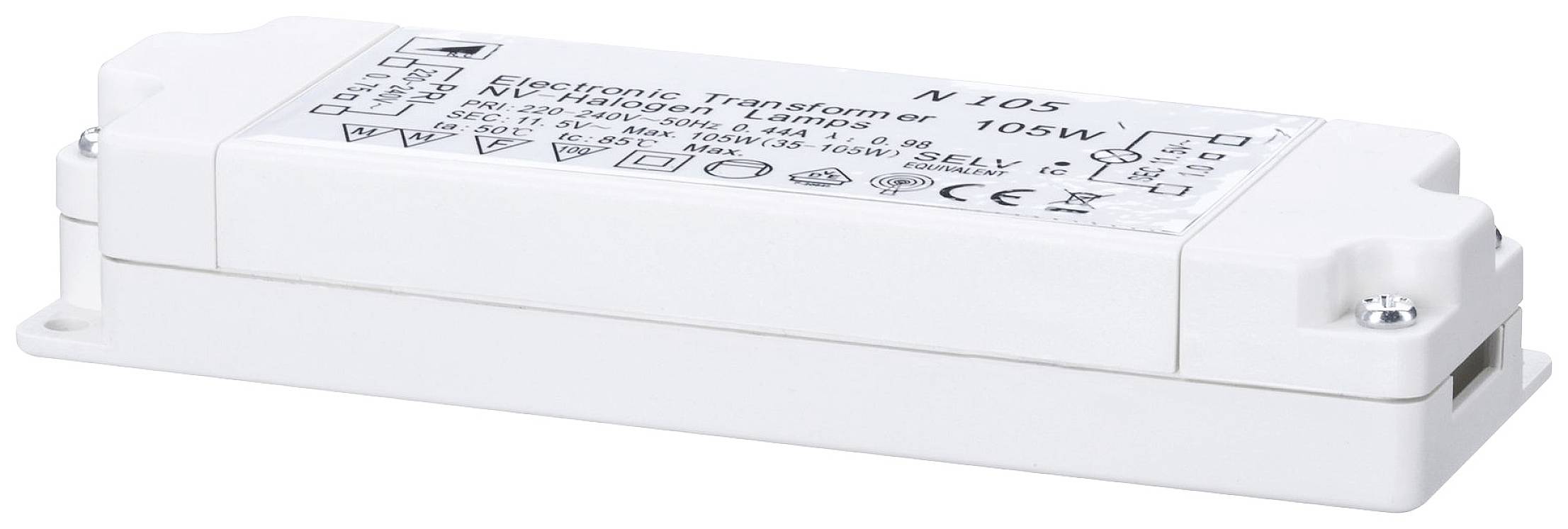 Obdélníkový elektronický transformátor s bílým plastovým krytem a vytištěnými technickými specifikacemi.