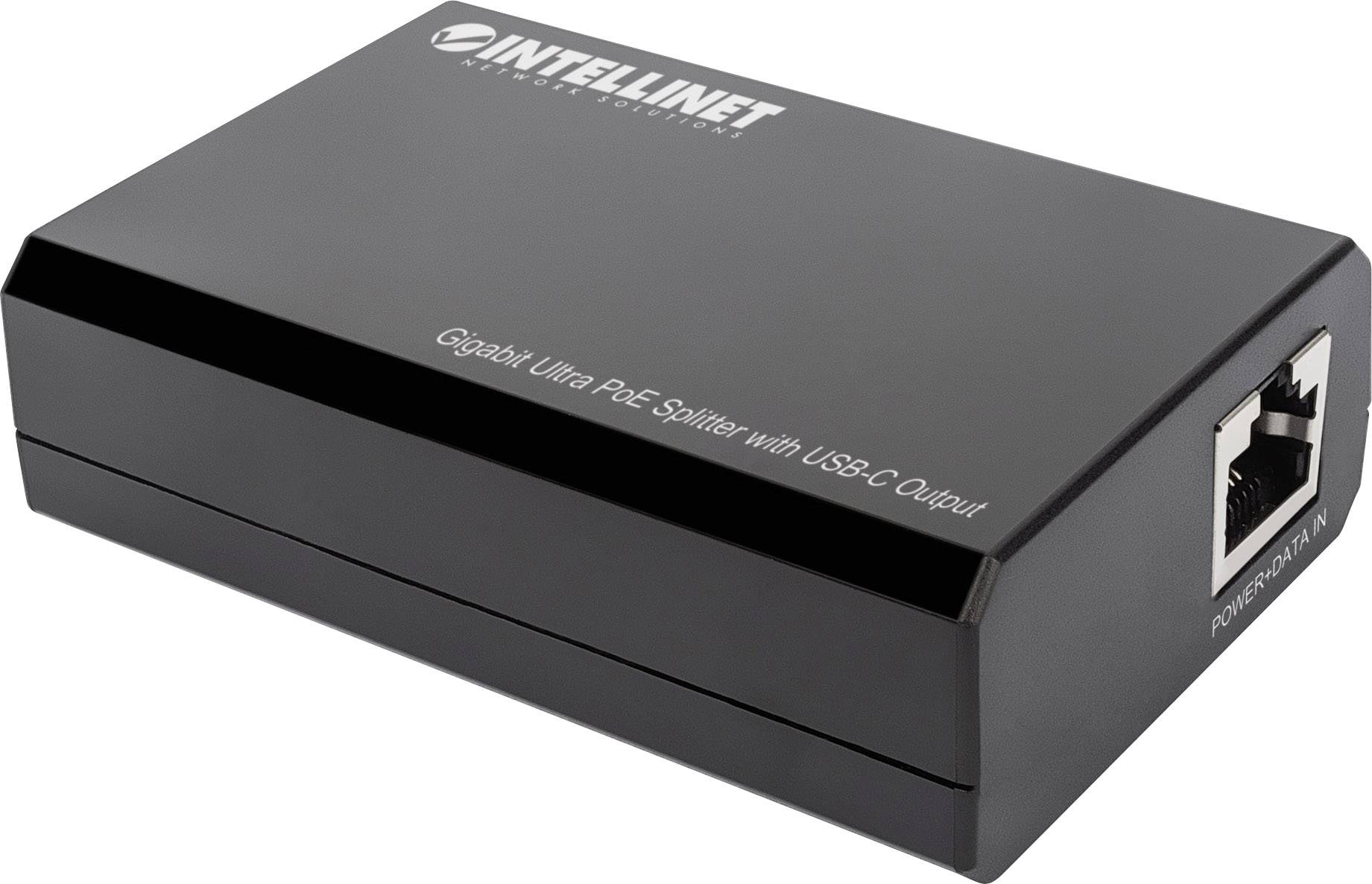 Černý gigabitový PoE rozdělovač od Intellinetu s výstupem USB-C. Hlavní funkce: oddělení síťového signálu a napájení.