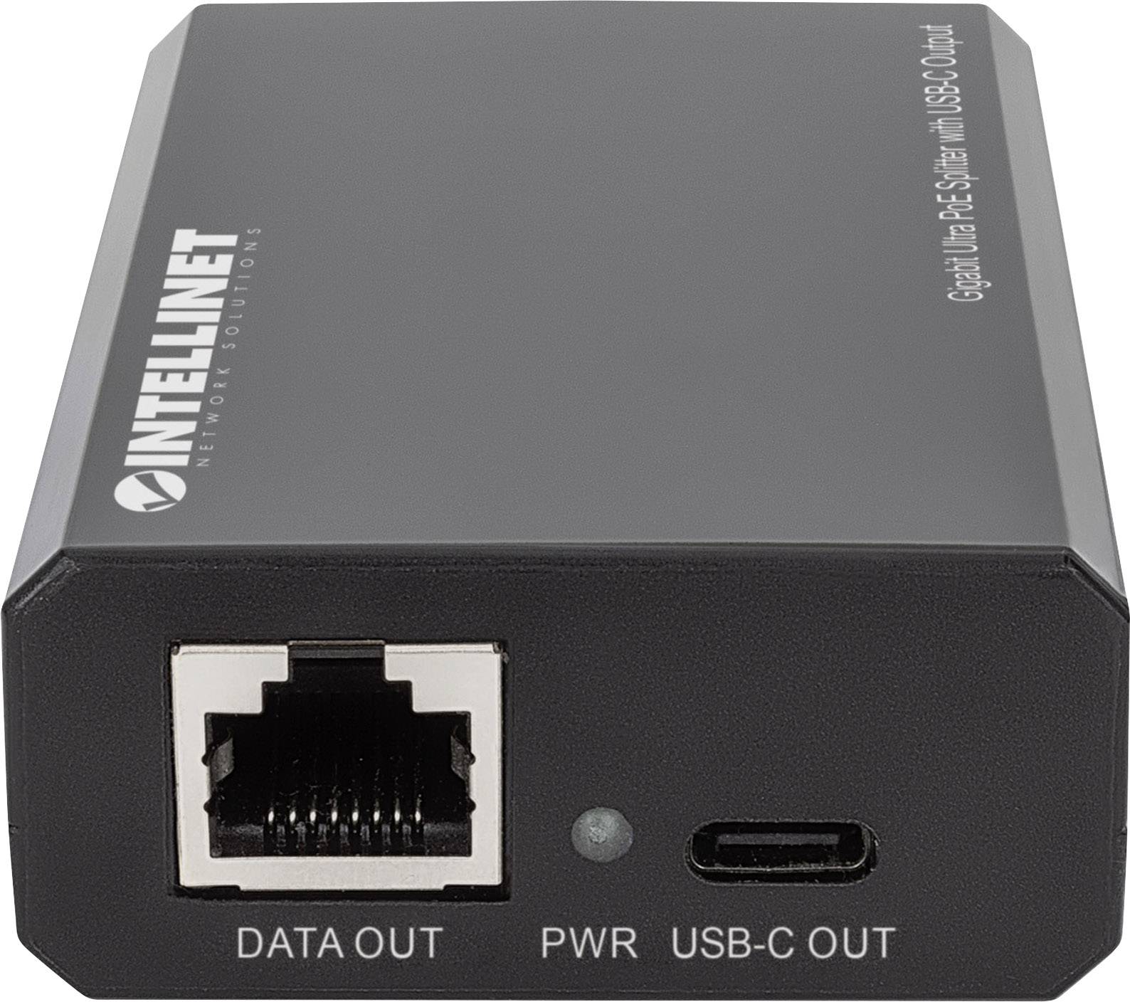 Černý ethernetový adaptér s konektory pro 'Data Out', 'Power' a 'USB-C Out', s logem 'Intellinet'.