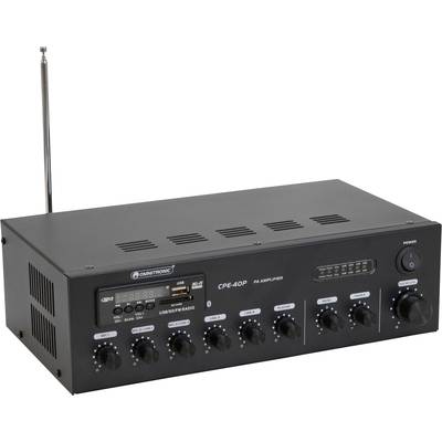 PA zesilovač s několika otočnými ovladači pro hlasitost a tón, USB připojením, funkcí Bluetooth a anténou na zadní straně.