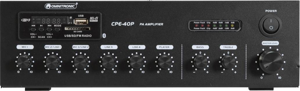 'Omnitronic CPE-40P PA zesilovač' s několika otočnými knoflíky pro nastavení hlasitosti a ekvalizace. Obsahuje USB vstup a LED indikátory.