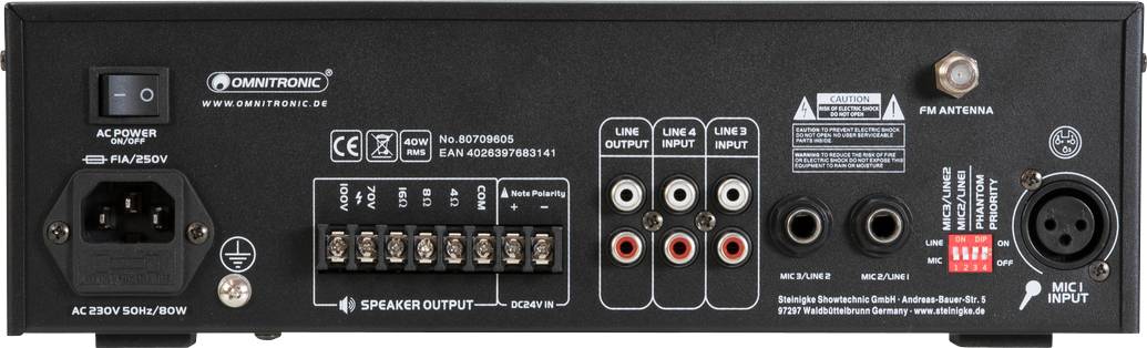 Zadní strana audio zařízení s různými konektory: napájení, výstupy pro reproduktory, linkový vstup, linkový výstup a vstup pro mikrofon.