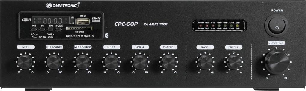 Černý audio zesilovač od Omnitronic s několika otočnými ovladači, USB vstupem, digitálním displejem a LED indikátorem úrovně hlasitosti.