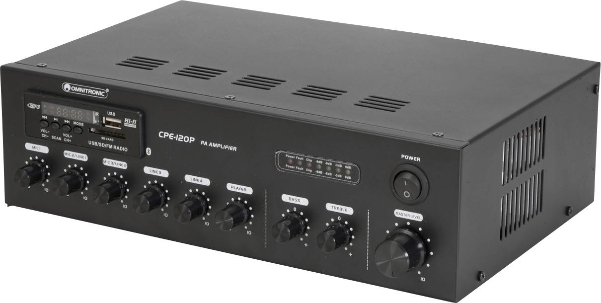 Černý audio zesilovač s několika otočnými knoflíky pro ovládání hlasitosti, basů, výšek a vyvážení. Včetně USB a ovládání rádia.