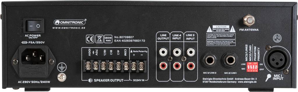 Zadní strana zesilovače 'Omnitronic' s napájecím konektorem, výstupy pro reproduktory, dvěma linkovými vstupy, linkovým výstupem, mikrofonovým vstupem a FM anténou.
