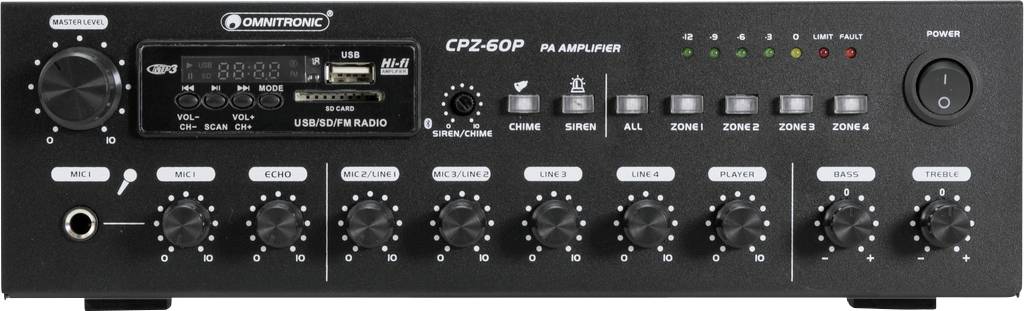 'Omnitronic CPZ-60P PA zesilovač s regulátory výšek, basů a hlasitosti. USB port a ovládání zón je viditelné.'