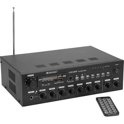 Černý audioverstevěč s několika ovladači a přepínači, vedle něj leží dálkový ovladač. Na zadní straně je umístěna anténa.