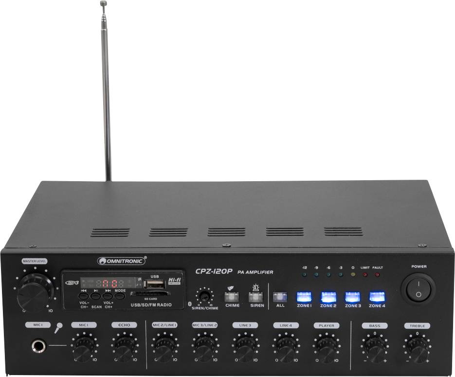 Zesilovač 'Omnitronic CP-120P' s šesti regulátory hlasitosti, přepínačem pro více zón a anténou umístěnou na zadní straně.