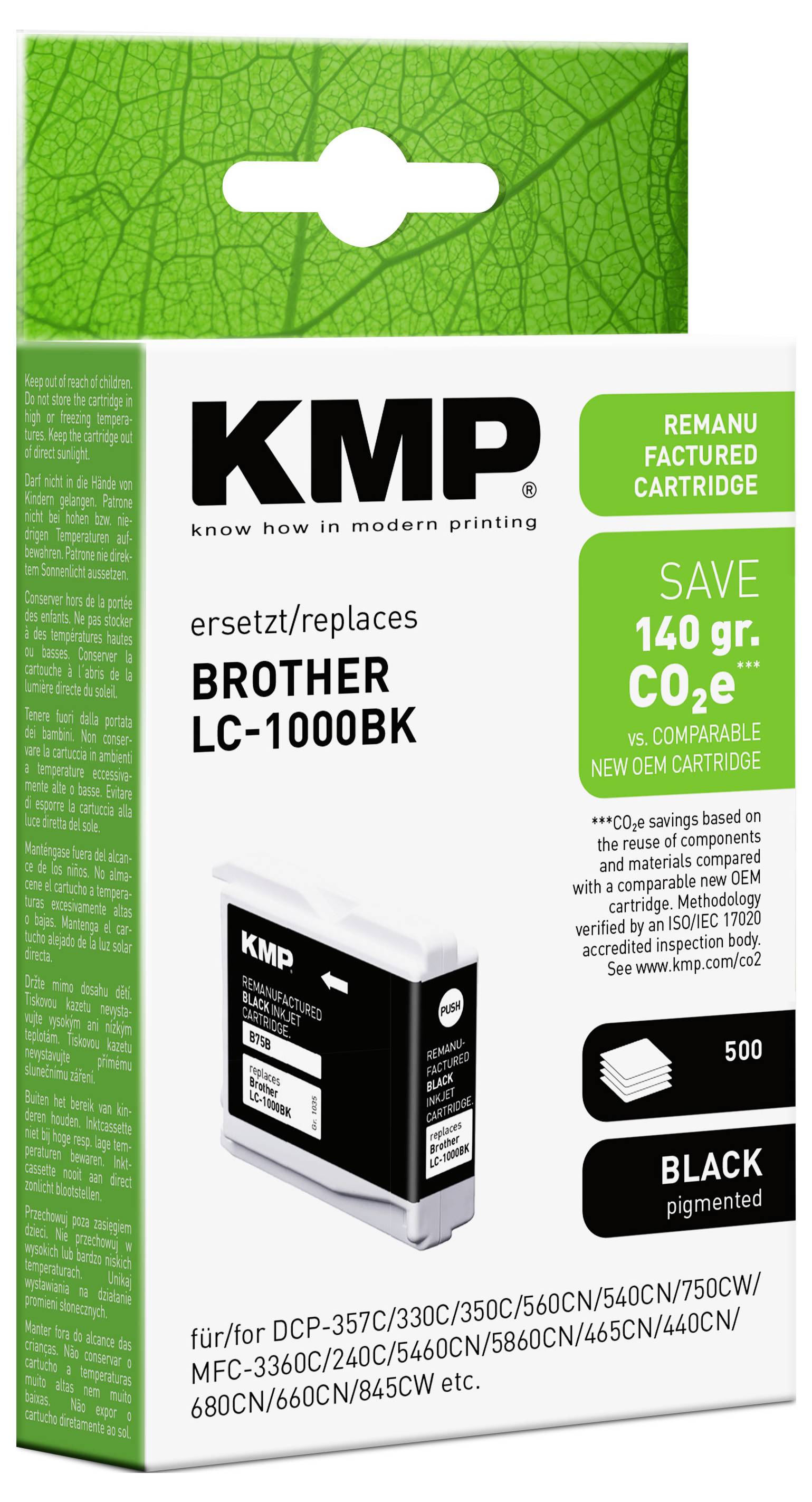 Náhradní inkoustová kazeta KMP pro Brother LC-1000BK, označena „ušetřit 140 g CO2" a „černý pigment".