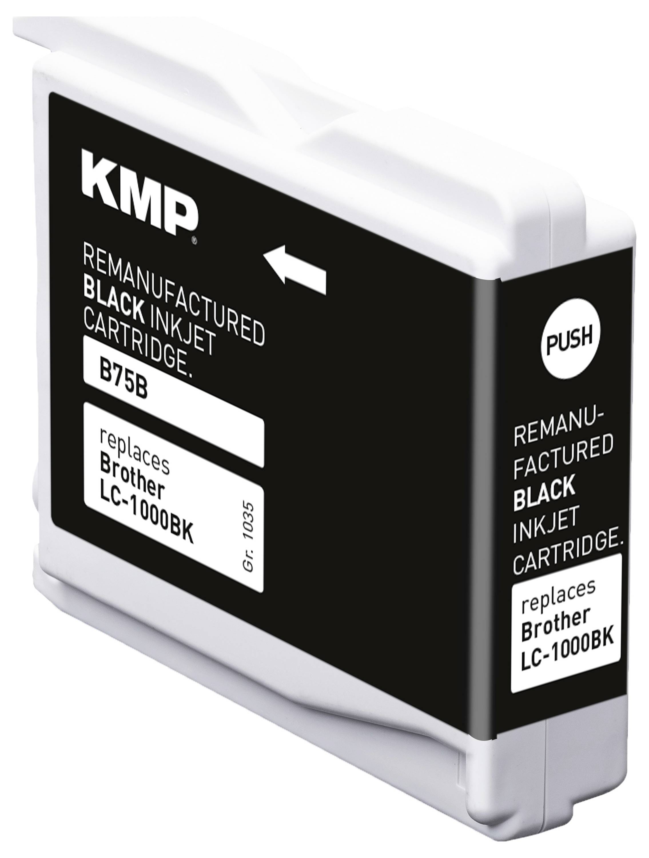 Renovovaná černá inkoustová cartridge označená KMP B75B s označením „PUSH" a „nahrazuje Brother LC-1000BK".