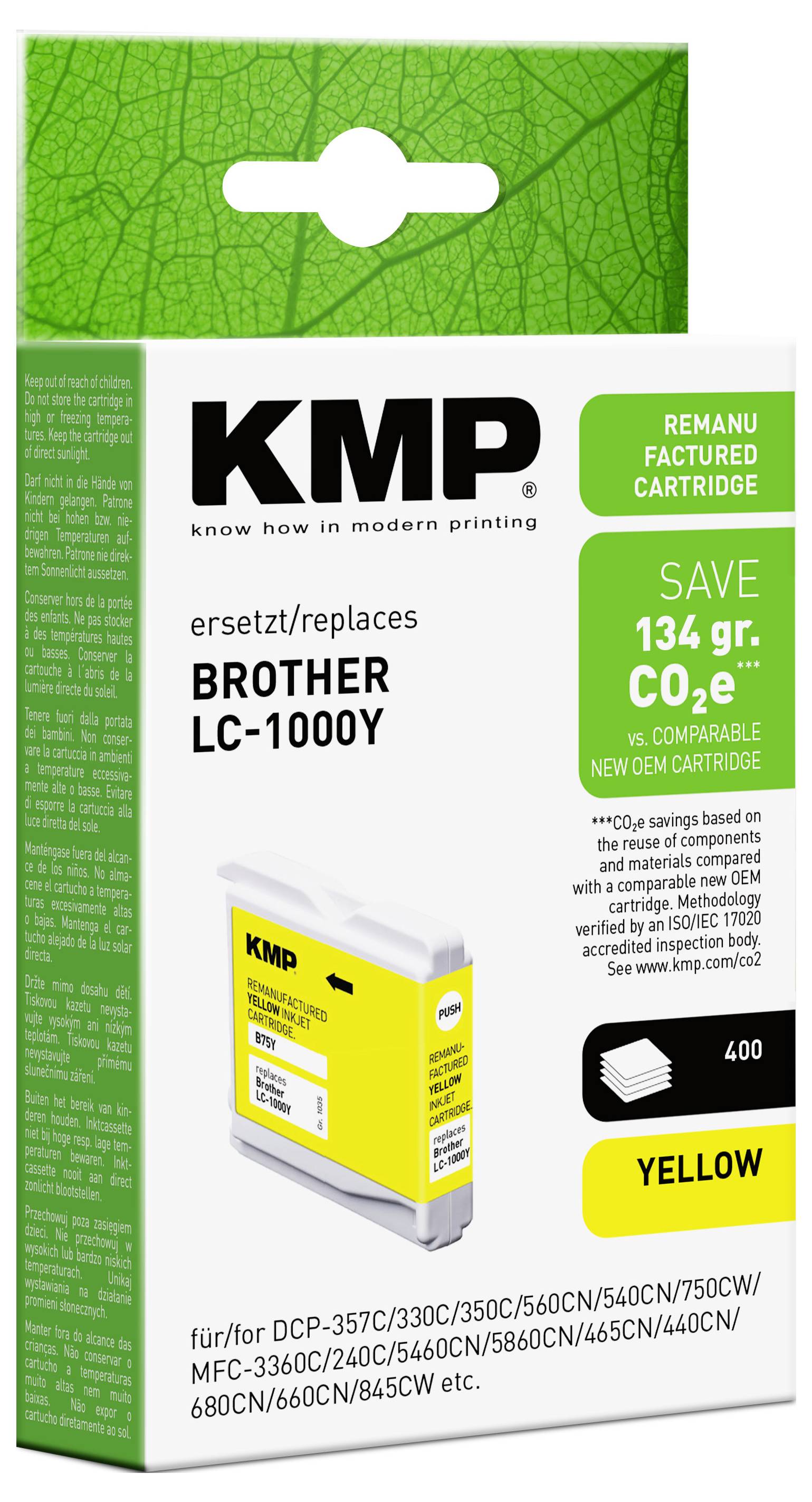 Náhradní inkoustová kazeta KMP pro Brother LC-1000Y, žlutá, s označením "Ušetří 134 g CO2" a štítkem "400 listů výtěžku".