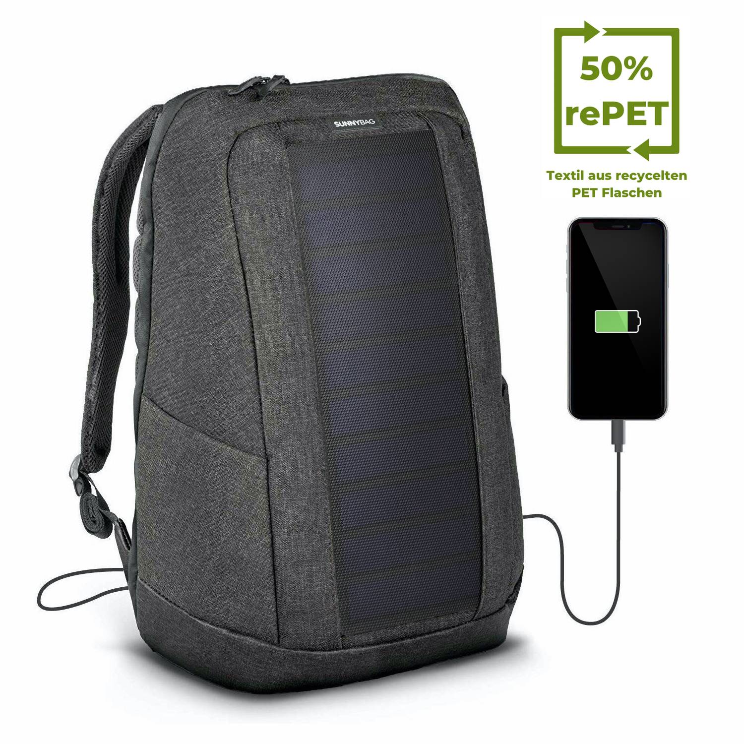 Šedý batoh s integrovaným solárním panelem nabíjí smartphone. Vedle batohu je nápis '50% rePET, textil z recyklovaných PET lahví'.