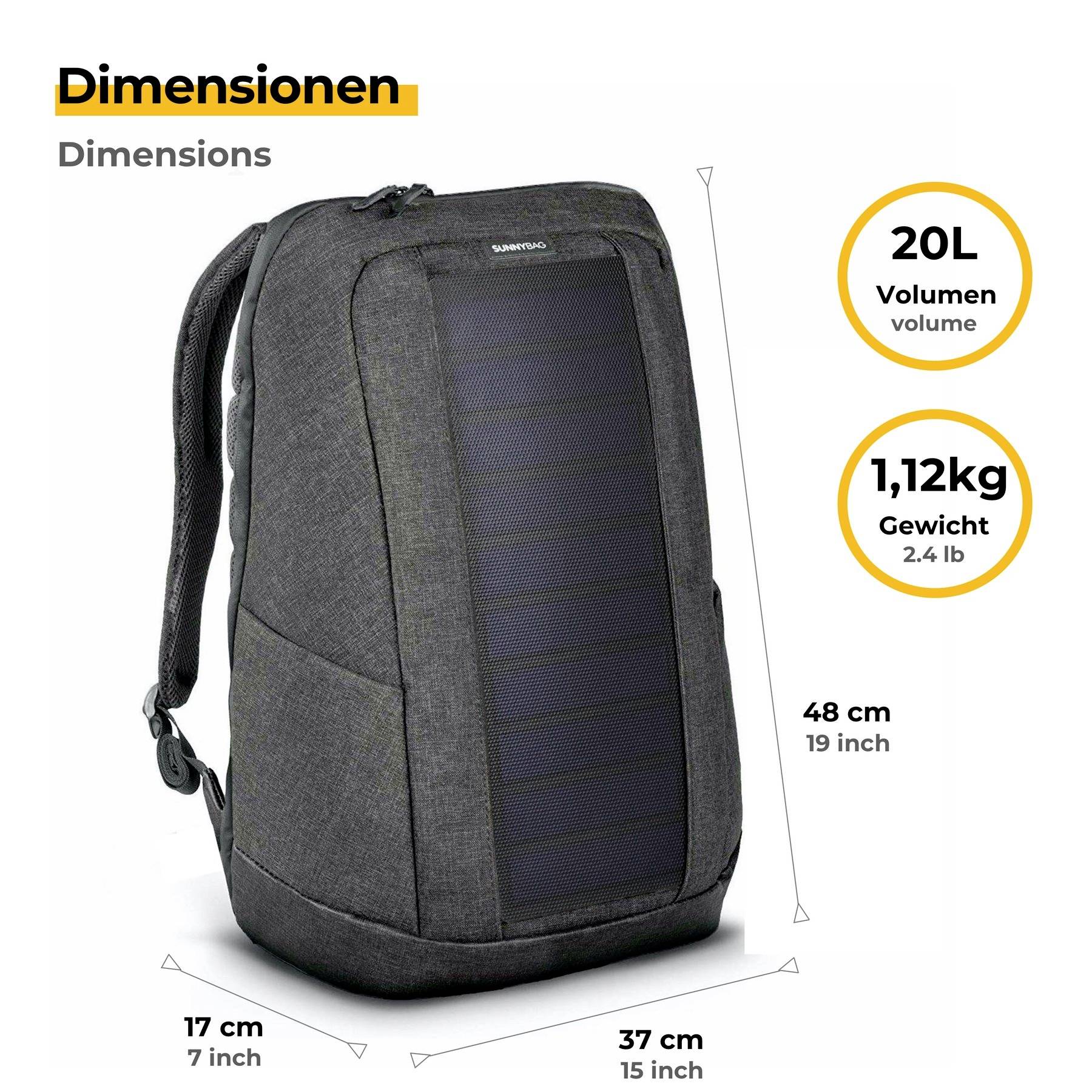 Šedý batoh s rozměry: 48 cm výška, 37 cm šířka, 17 cm hloubka. Objem: 20 l, hmotnost: 1,12 kg.