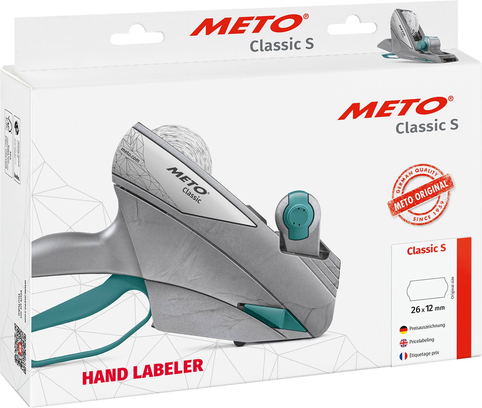 Ruční etiketovací přístroj Meto Classic S na obalu. Obsahuje informace o velikosti etikety (26 x 12 mm) a použití pro cenové označování.