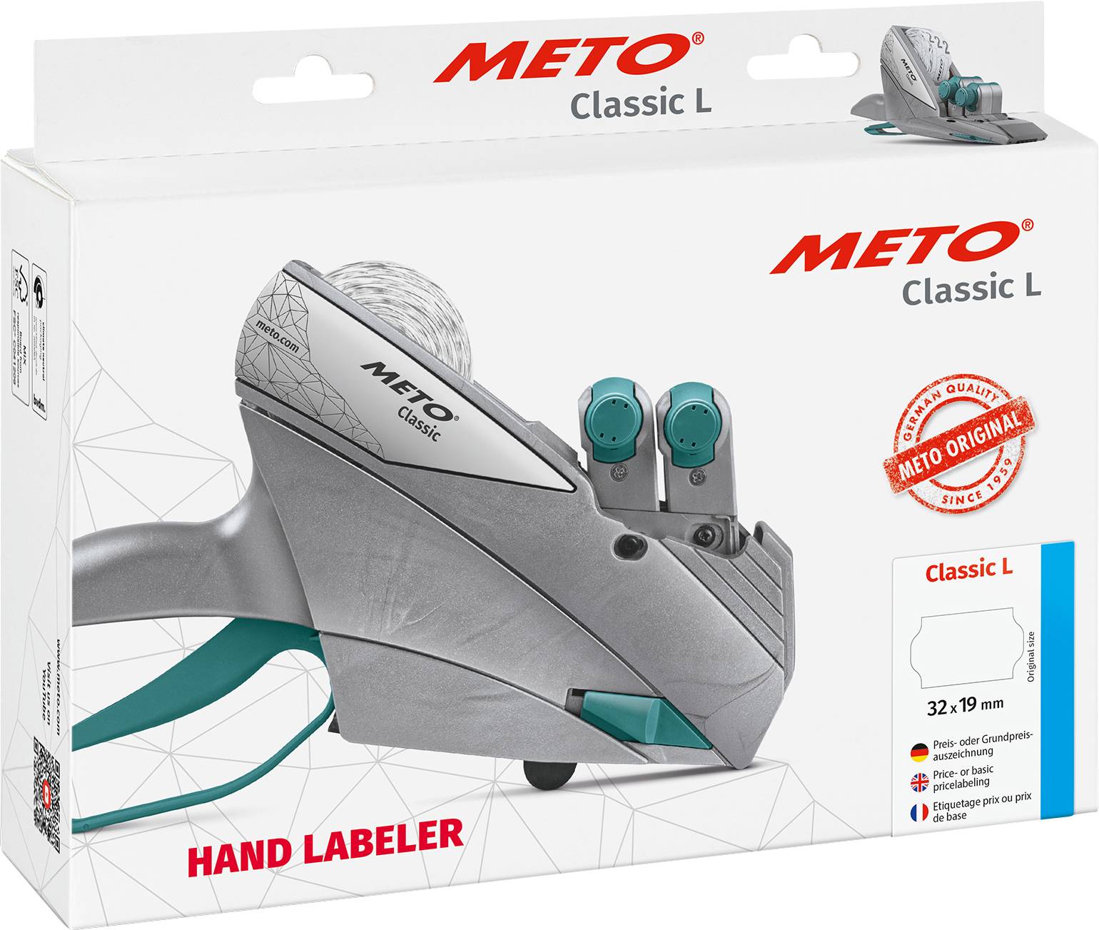 Přístroj pro ruční etiketování 'Meto Classic L', šedé zařízení s modrými tlačítky, vhodné pro rychlé nanášení cenových štítků.