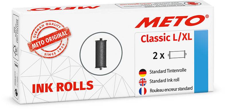 Bílý obal s černou inkoustovou rolí a textem: METO Classic L/XL, 2x standardní inkoustová role. Vyobrazeny německá a britská vlajka.