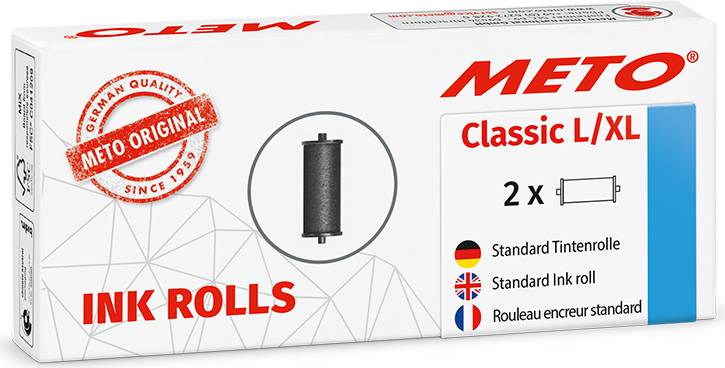 Balení pro inkoustové válečky 'Meto Classic L/XL', zobrazuje obrázek válečku, obsahuje 2 kusy. Text v angličtině a němčině.
