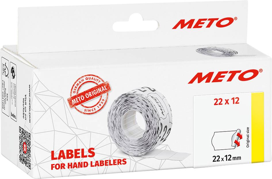 Balení s etiketami pro ruční etiketovače, značka 'Meto', velikost 22 x 12 mm. Obsahuje nápis 'Labels for Hand Labelers'.