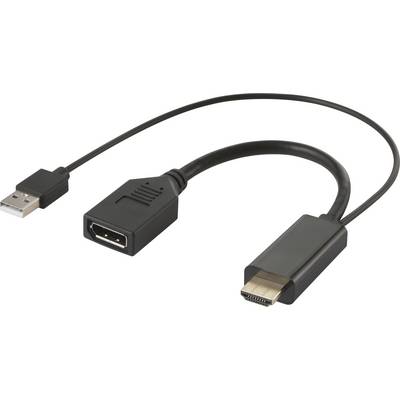 Černý USB-HDMI adaptér se dvěma konektory: jeden USB zástrčka a jeden HDMI zásuvka, propojené krátkým kabelem.
