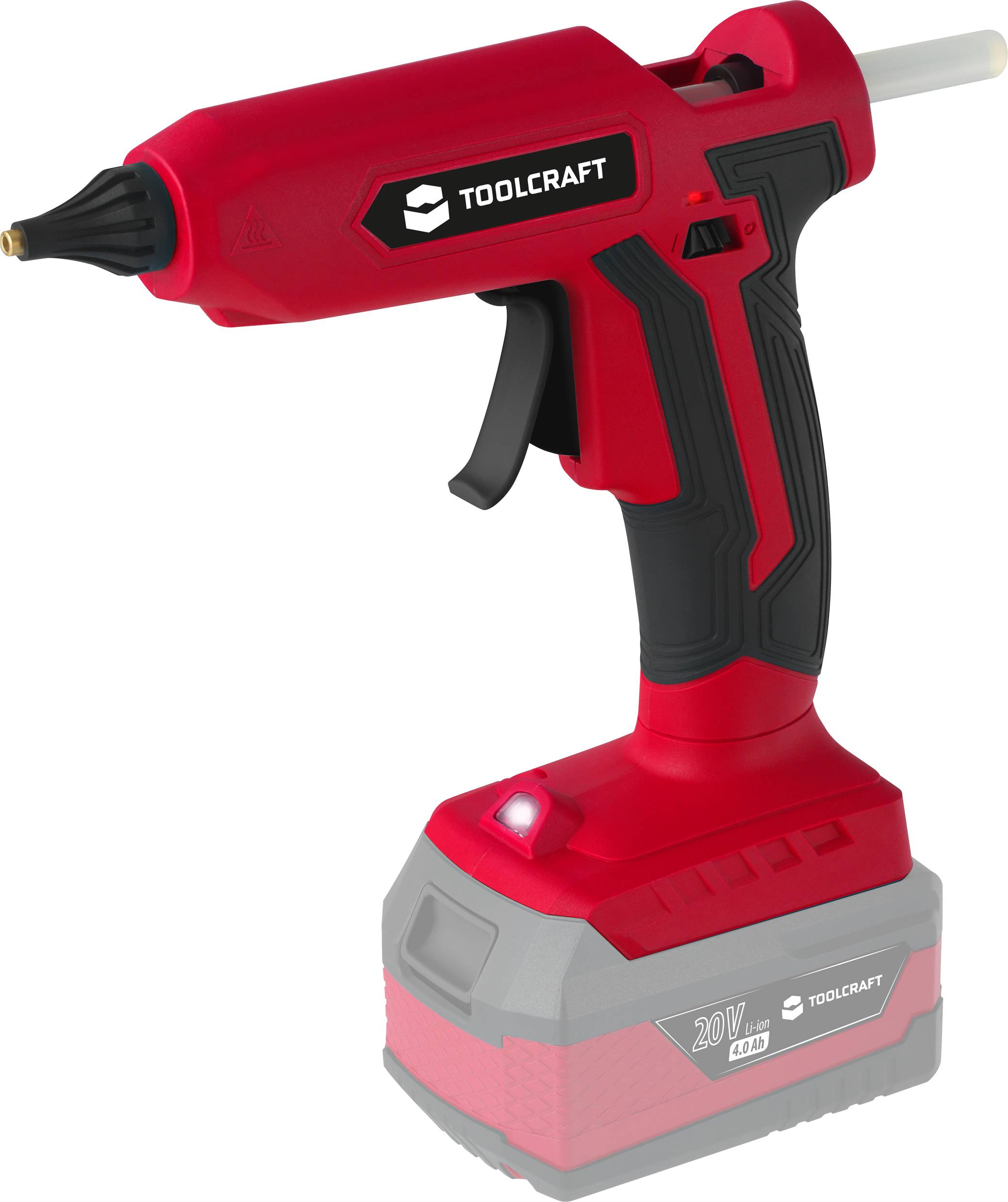 Červená a černá akumulátorová tavná pistole od TOOLCRAFT, vhodná pro mobilní použití, na bílém pozadí.