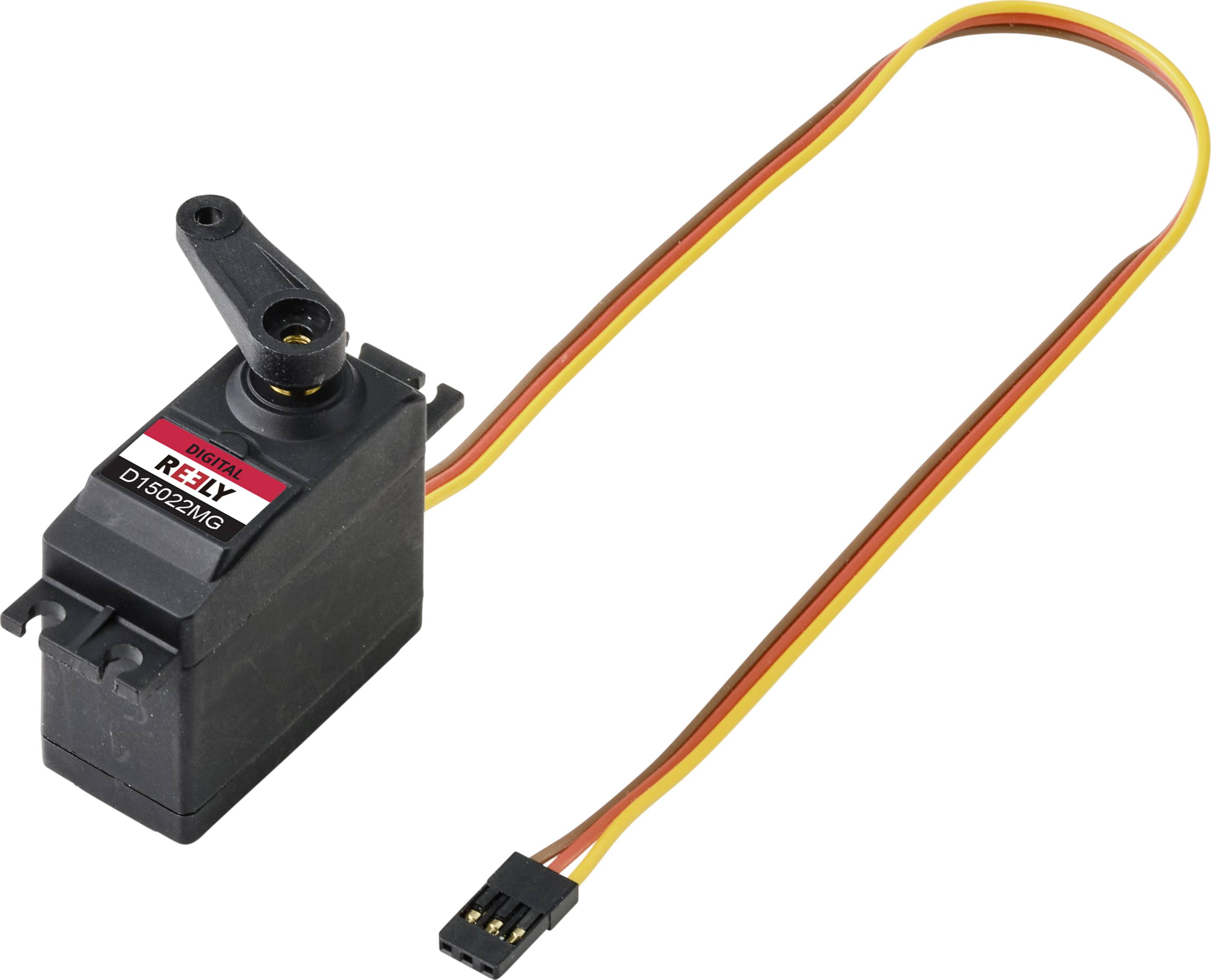Servo-motor D-S002MG, černý kryt, žluté a červené kabely, používaný pro přesné řízení mechaniky.