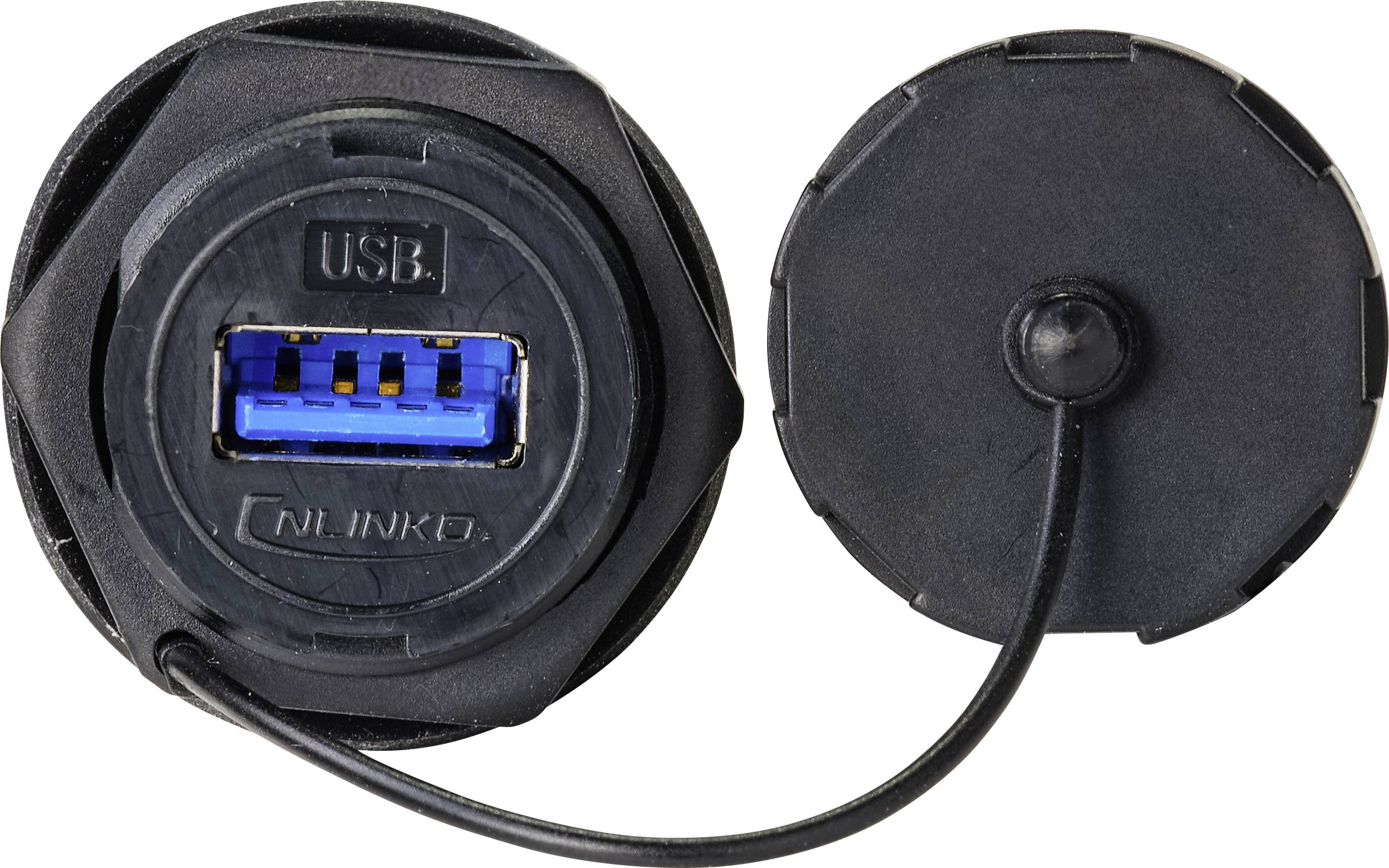Černý USB port s modrou vnitřní barvou a odnímatelným kulatým ochranným krytem; použitelný pro datové nebo napájecí připojení.