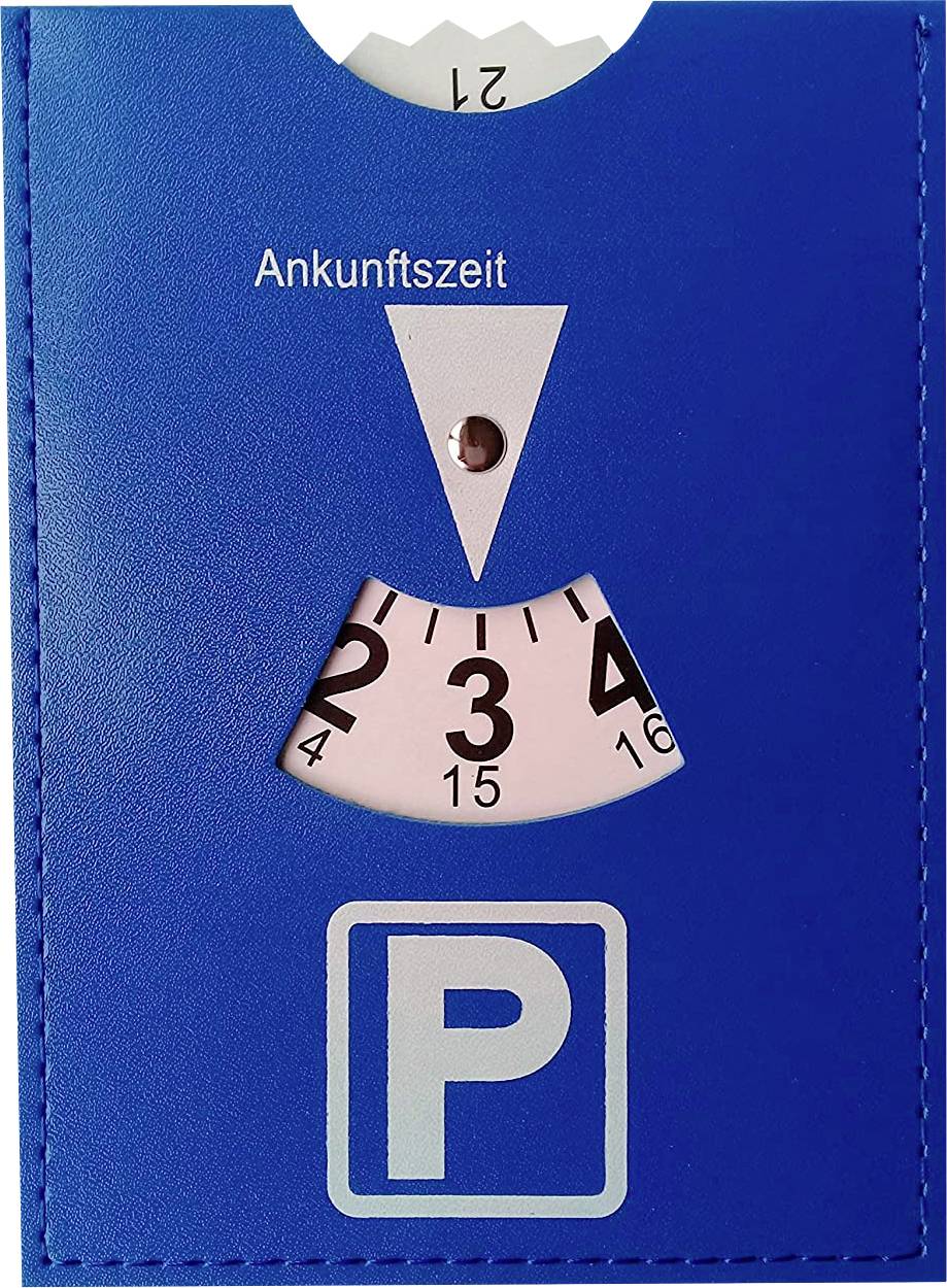 Modrý parkovací kotouč s bílým symbolem 'P'. Šipka ukazuje na 15:00 pod slovem 'Příjezdový čas' nahoře na kotouči.
