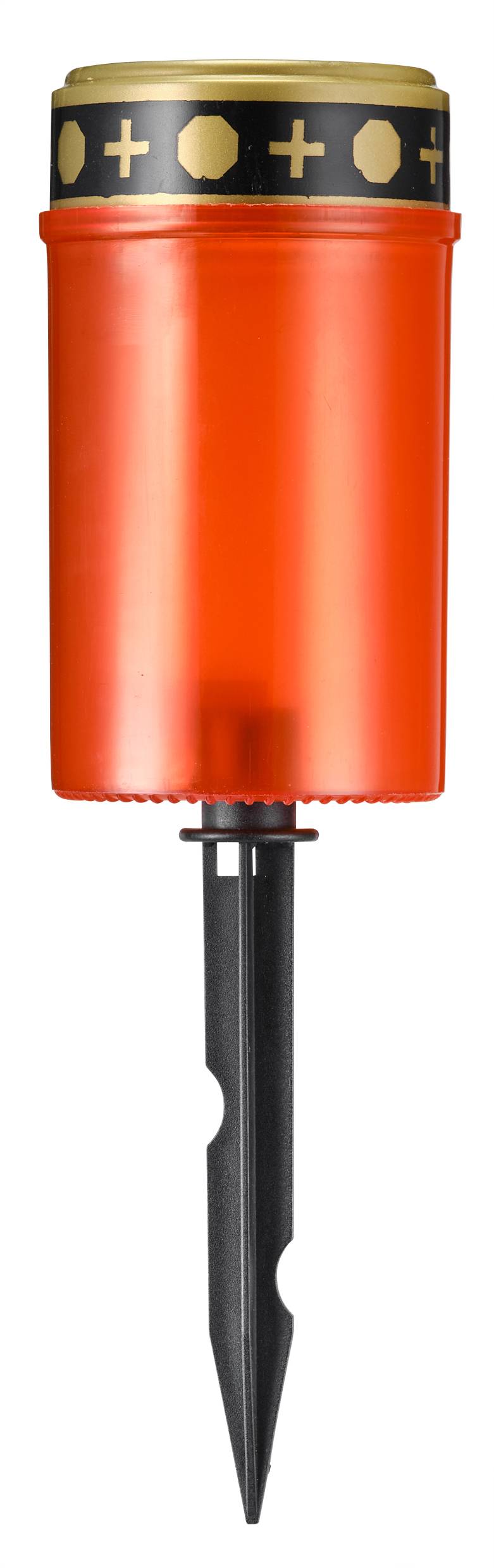 Červená hřbitovní svíčka s černým víčkem a zlatými kříži.