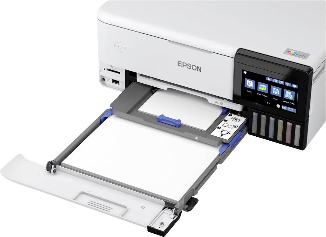 Moderní bílá tiskárna Epson s otevřeným podavačem papíru a barevnými inkoustovými nádobkami vpravo. Digitální displej zobrazuje možnosti.