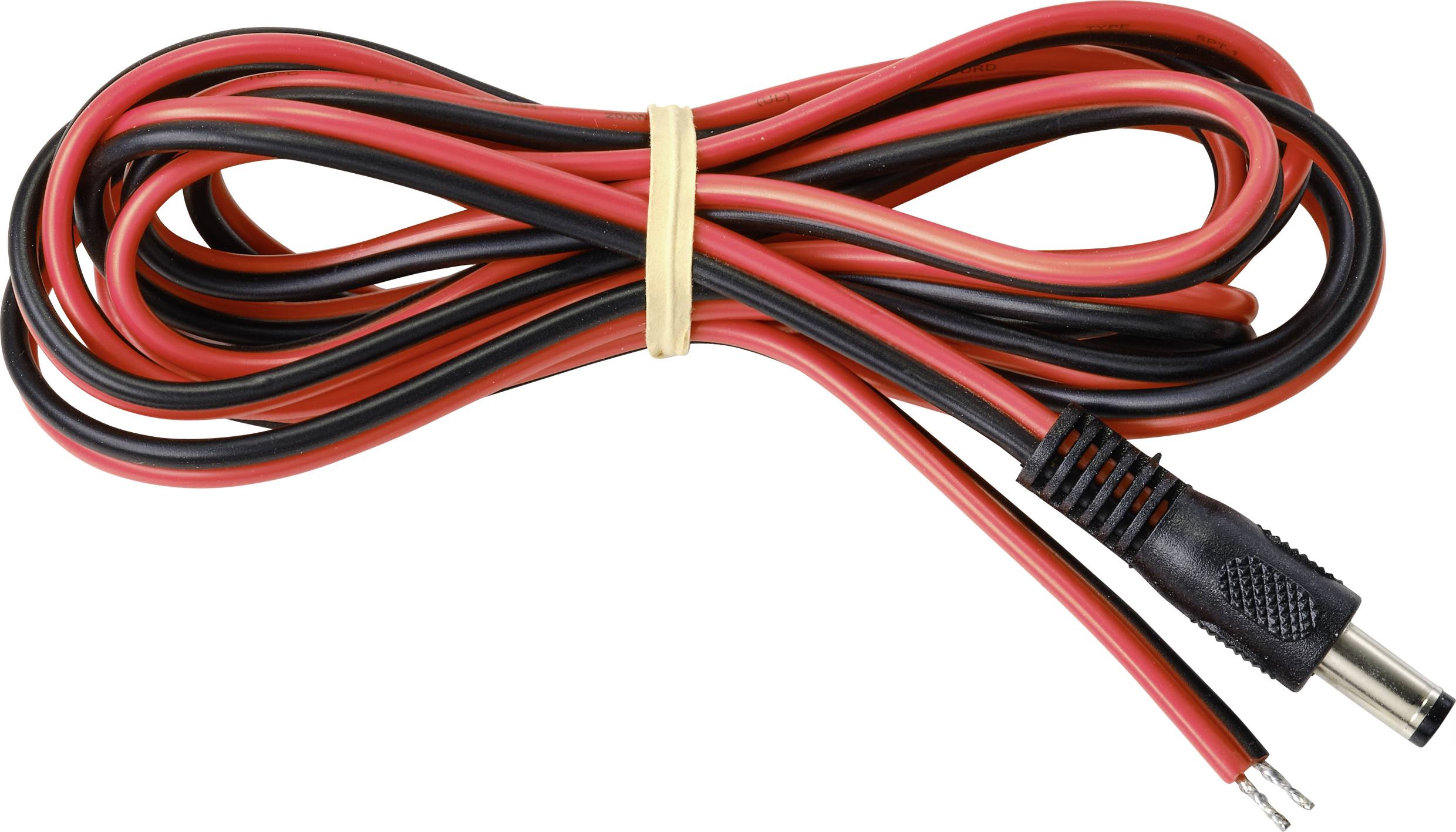 Červený a černý kabel s jedním koncovým konektorem. Kabel je svázán gumovou páskou.