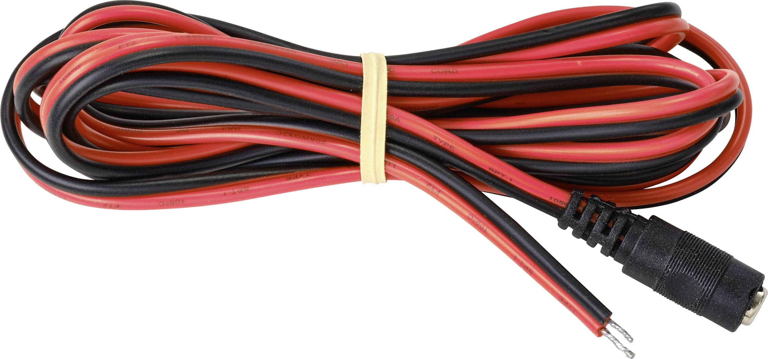 Černý a červený audio kabel se zástrčkou a svorkou, svinutý dohromady a stažený gumičkou.