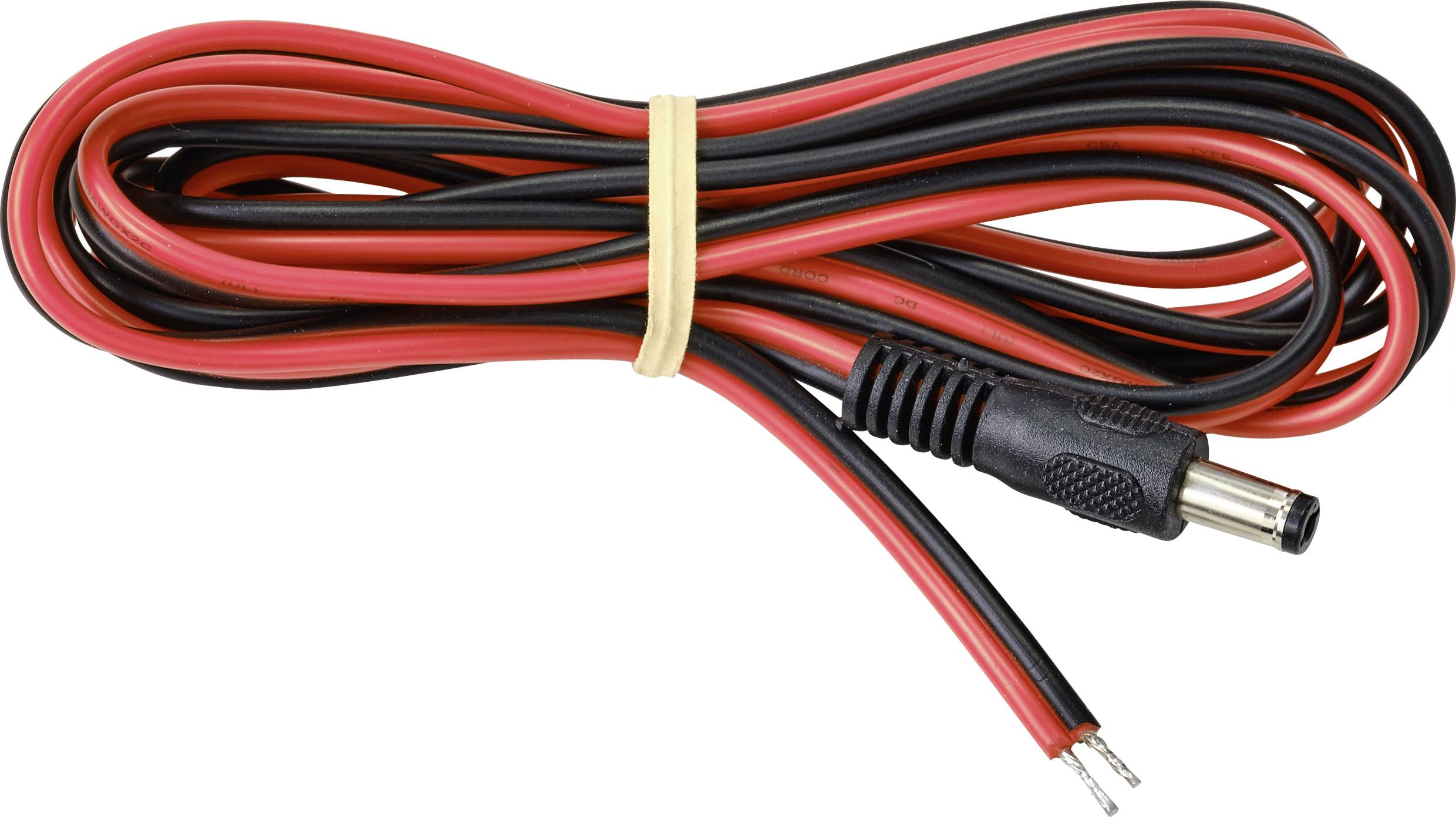 Červeno-černý elektrický kabel s otevřeným koncem a zásuvkou, obtočený gumovou páskou.