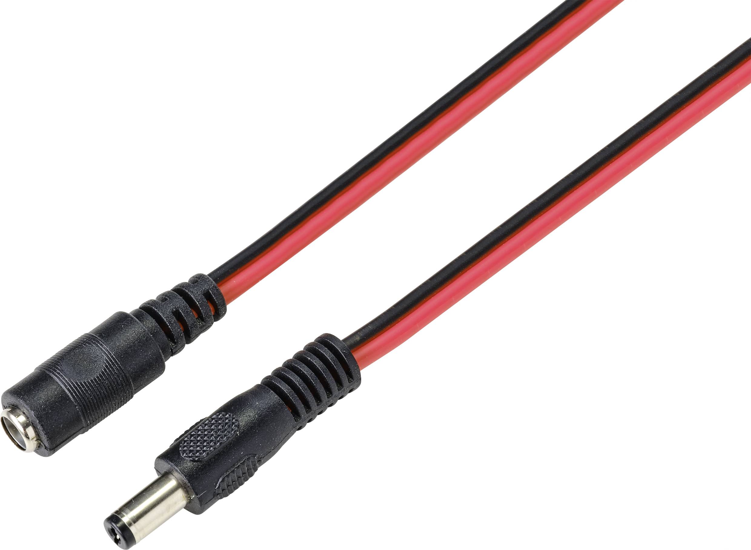 Černý a červený DC napájecí kabel s mužským a ženským konektorem, vhodný pro elektrické připojení a napájení.