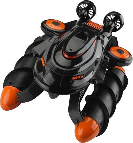 Černé a oranžové futuristické vodní vozidlo s vrtulemi, které připomíná hračku a je navrženo pro děti.