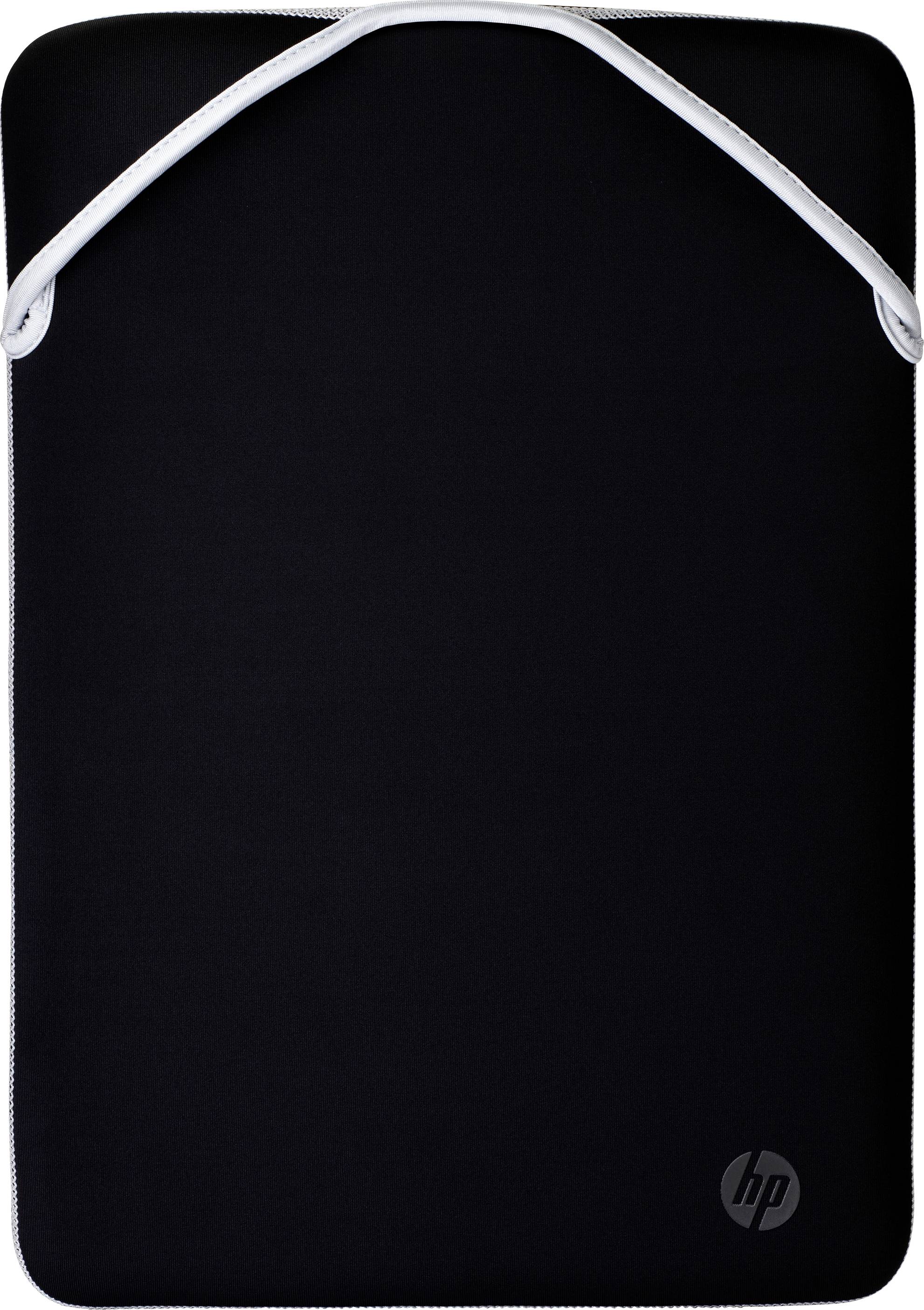 Černý neoprenový obal na notebook s bílým zipem a logem HP vpravo dole.