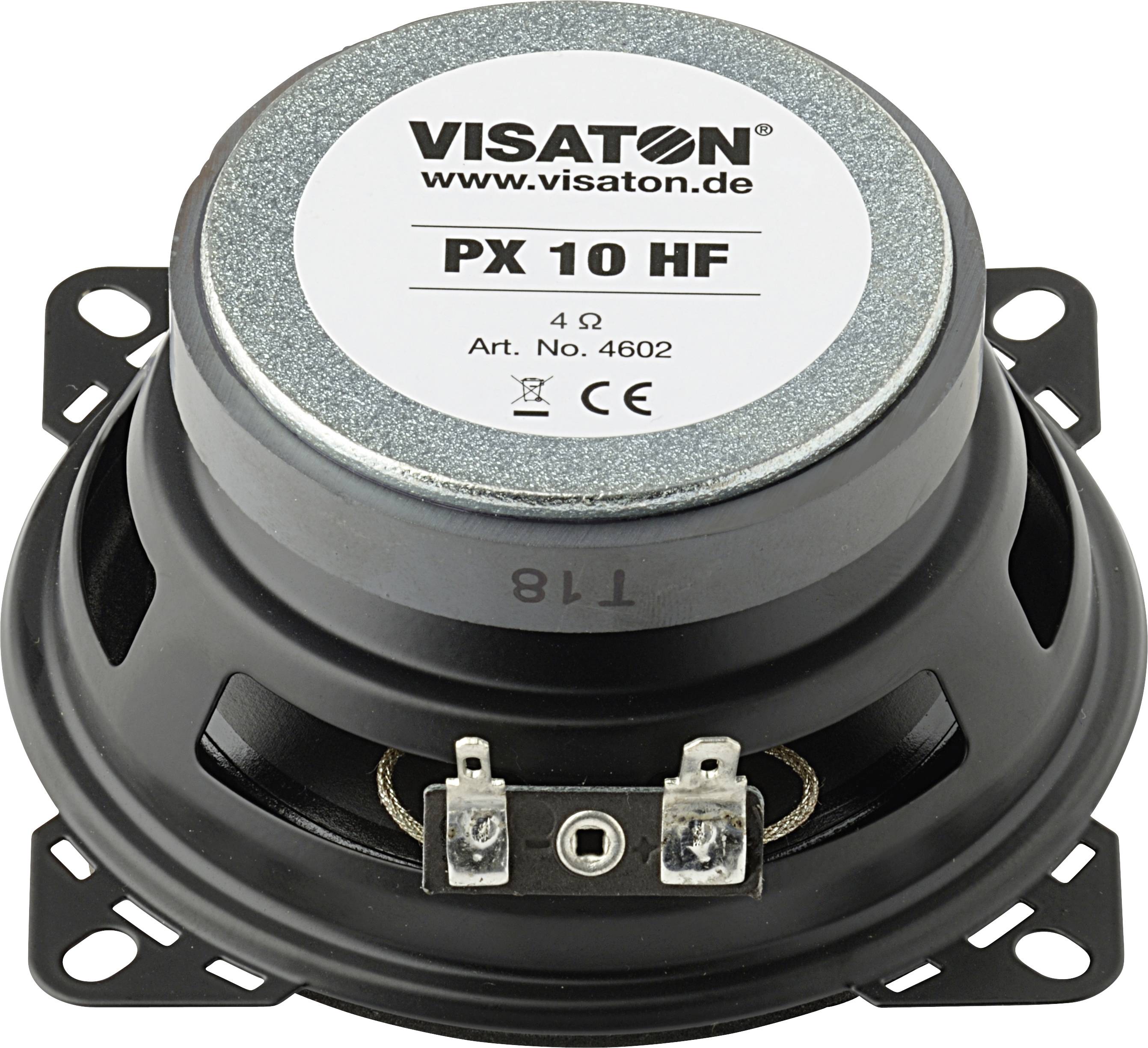 Reproduktor pohledem shora se zobrazitelnými vstupy. Nápis nahoře: 'Visaton PX 10 HF, 4 Ω, č. výr. 4602'.