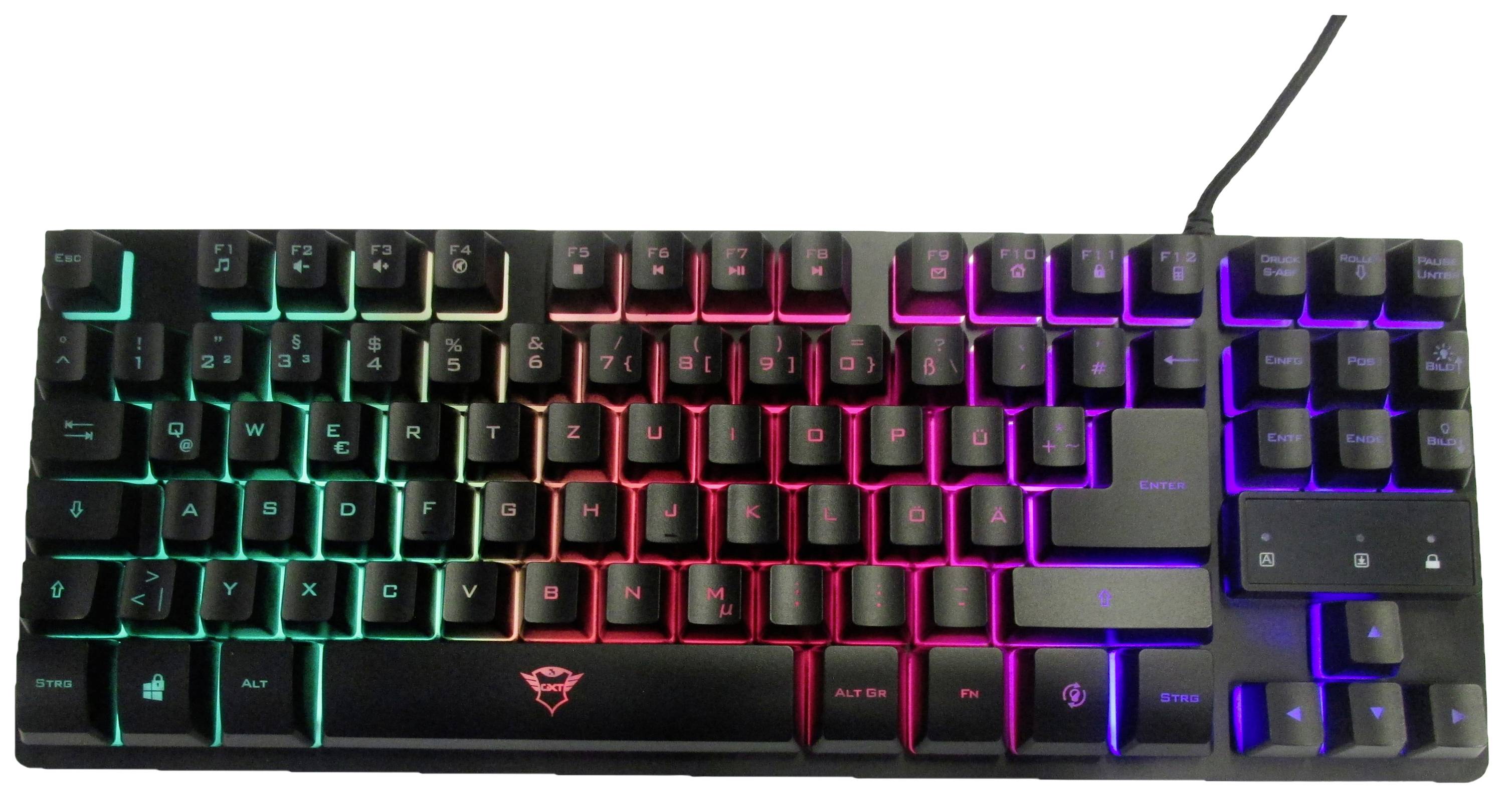 Počítačová klávesnice s RGB podsvícením v barvách duhy; černé klávesy s bílým popisem.