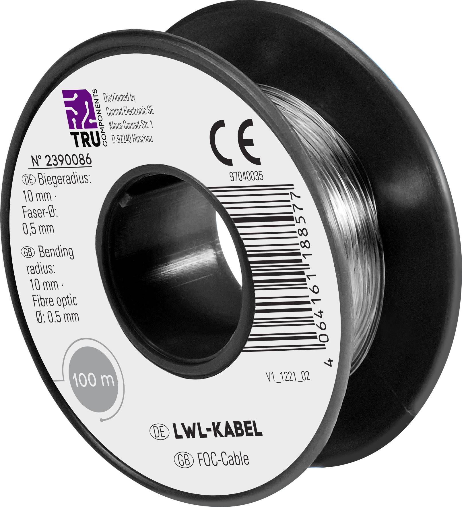 Kabel s optickým vláknem 100 m. Poloměr ohybu: 10 mm, průměr vlákna: 0,5 mm. Certifikováno CE.