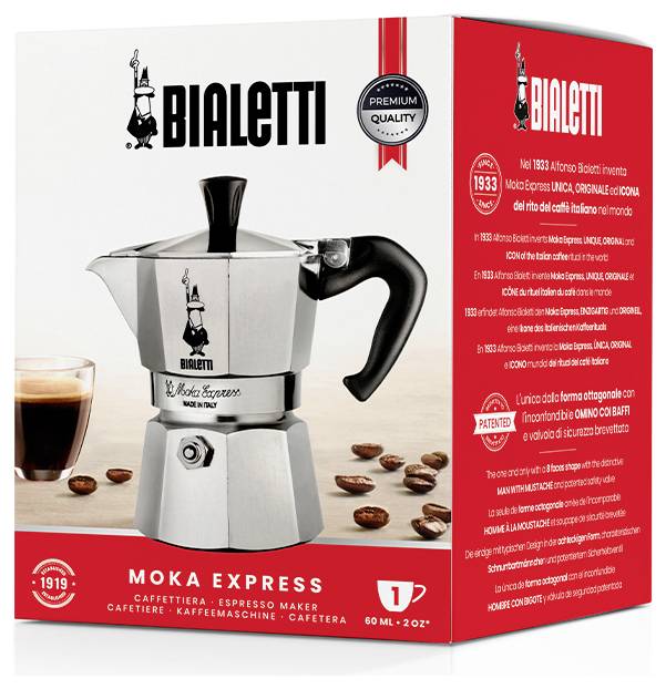 Obal na kávovar 'Bialetti Moka Express' zobrazující nerezovou espresso konvičku s černou rukojetí vedle sklenice s kávou.