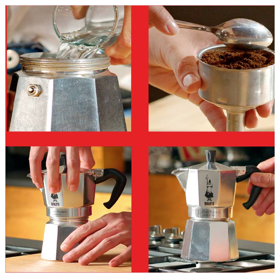 Čtyřkrokový postup pro použití moka konvičky. Nahoře vlevo: voda v základně. Nahoře vpravo: káva ve filtru. Dole vlevo: sestavení částí. Dole vpravo: umístění konvičky na sporák.