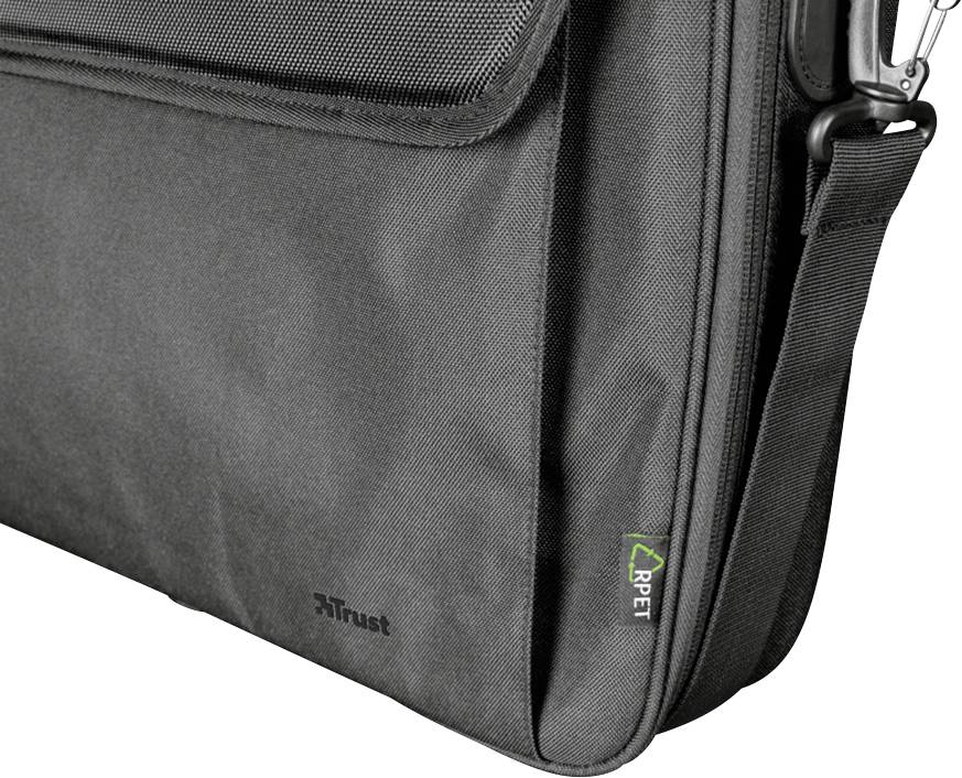 Černá taška na notebook z recyklovaného materiálu, s nastavitelným ramenním popruhem a dodatečnými kapsami, značka 'Trust'.