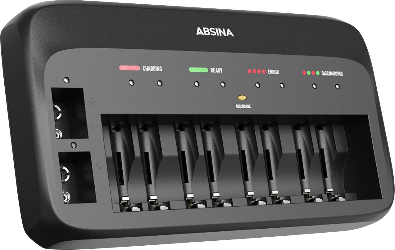 Nabíječka s osmi sloty pro baterie. Disponuje LED indikátory pro 'Nabíjení', 'Připraveno', 'Chyba' a 'Stav baterie'.