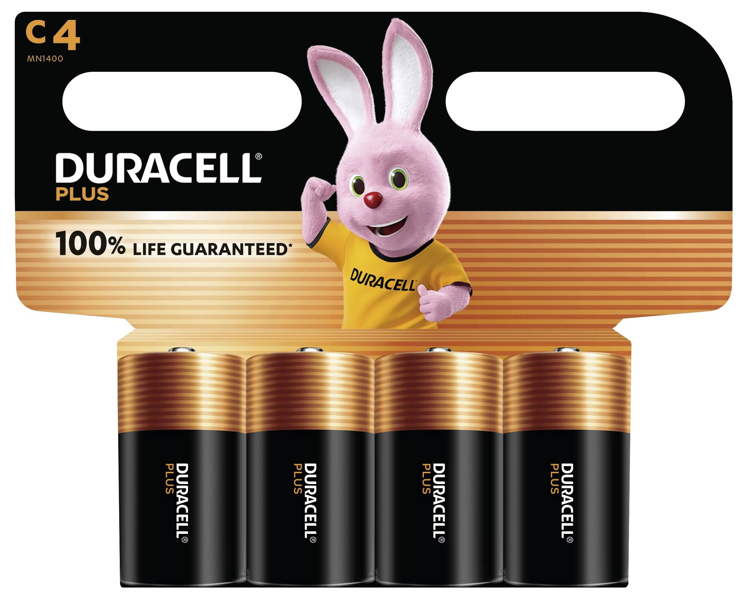 Balení baterií Duracell Plus C4 se růžovým zajíčkem maskota v žlutém triku. Text zní: 100% Garantovaný životní cyklus.