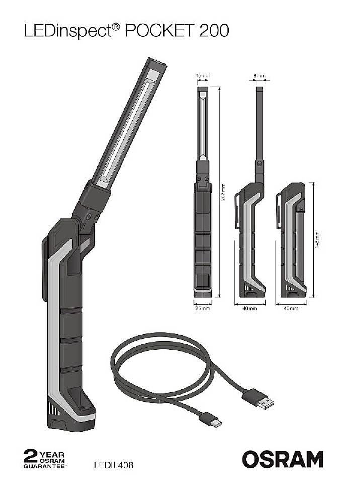 Kapesní svítilna 'LEDinspect POCKET 200' od OSRAMu s USB nabíjecím kabelem. Zobrazeny rozměry výrobku a poznámka ke garanci.