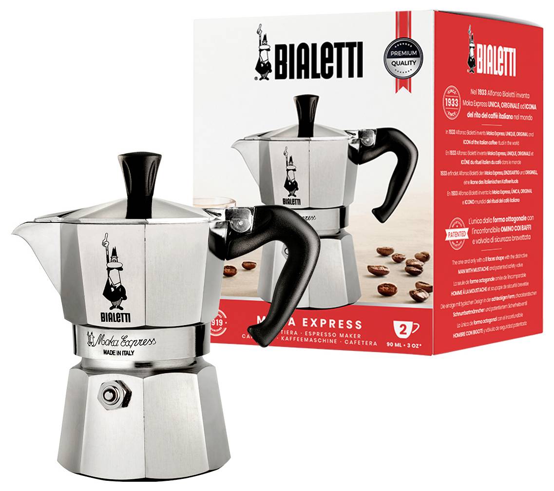 Kávovar Bialetti Moka Express na sporáku s původním obalem, který ukazuje ikonický osmihranný design z nerezové oceli.