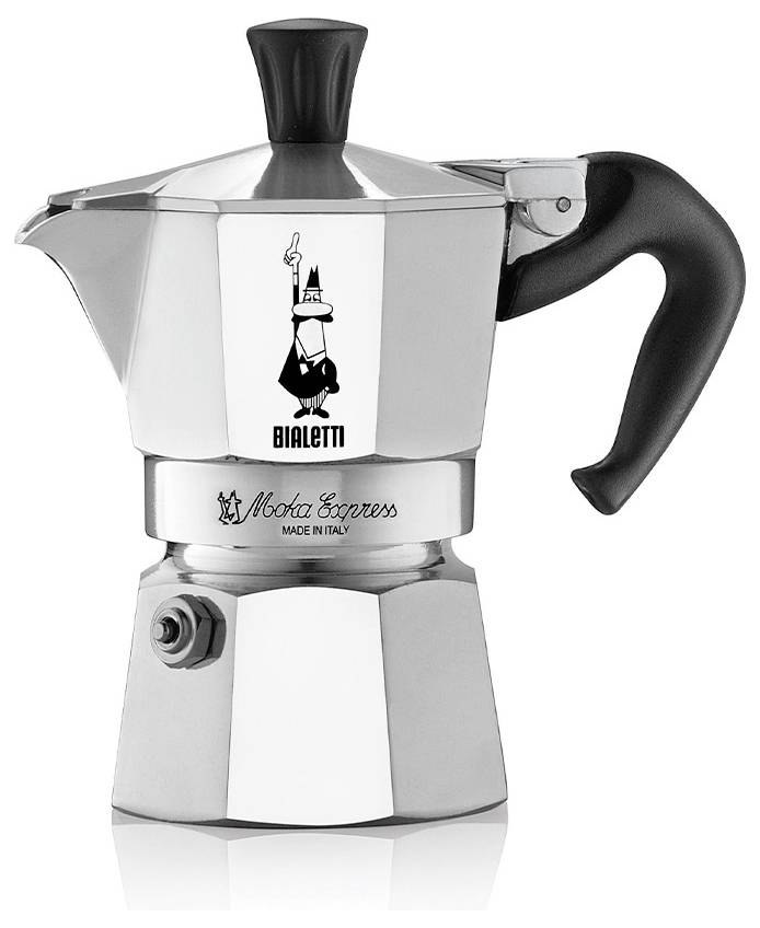 Nerezová Moka konvice s černou rukojetí a výlevkou, na které je vyryto logo Bialetti a nápis 'Moka Express Made in Italy'.
