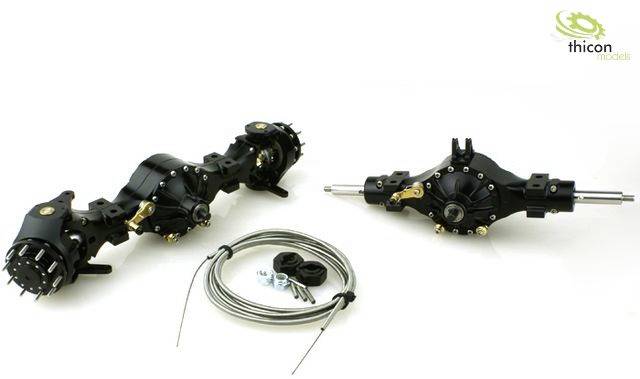 Dva černé mechanické systémy a kabelový svazek od Thicon Models na bílém pozadí, vhodné pro modelářské vozidlové konstrukce.