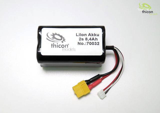 Lithium-iontová baterie od Thicon Models, 2s 8,4Ah, model č. 70032, s žlutým a bílým kabelovým připojením.