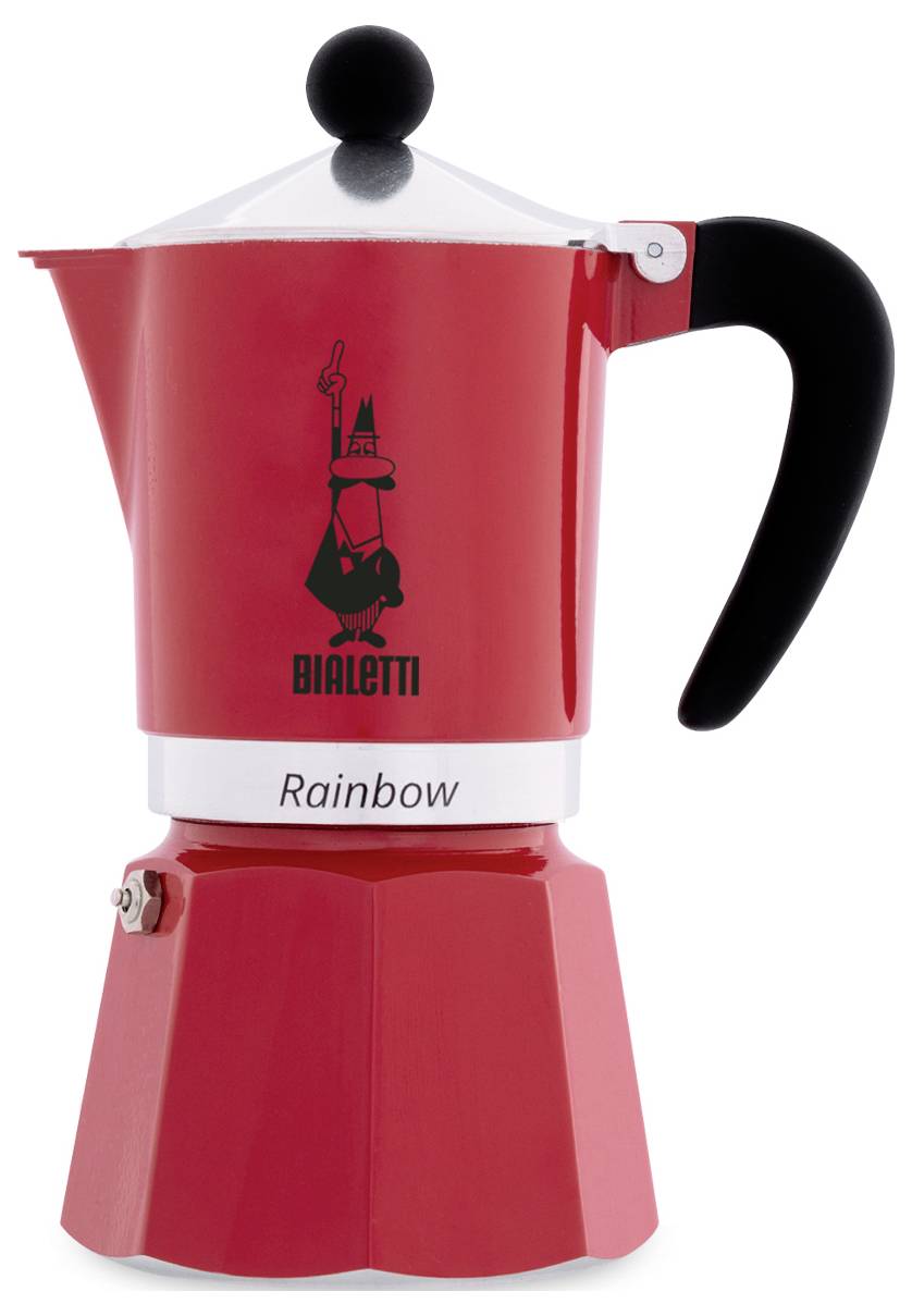 Červený kávovar na espresso pro přípravu na sporáku s černou rukojetí a stříbrným horním dílem. Značkové logo 'Bialetti' a text 'Rainbow' na přední straně.