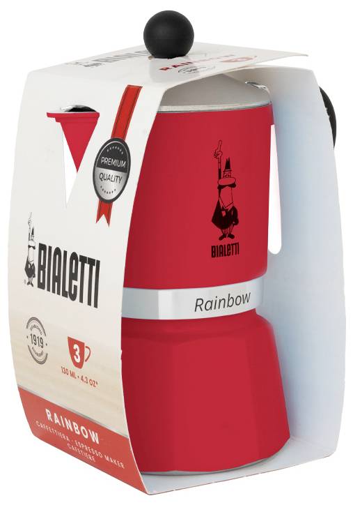 Červený Bialetti Rainbow moka konvice na sporáku v obalu, s černou rukojetí a knoflíkem. Obal zvýrazňuje 'Prémiová kvalita' a '3 šálky'.